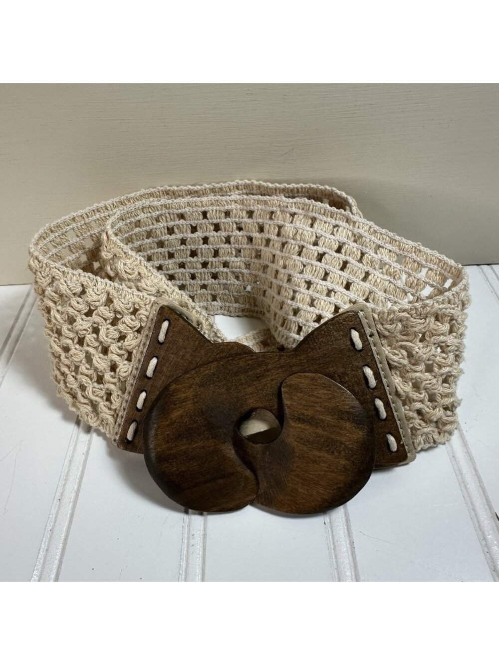 Boho Crochet Belt Wooden Buckle M/L  Elastic Stretch Macrame Bohemian Peasant